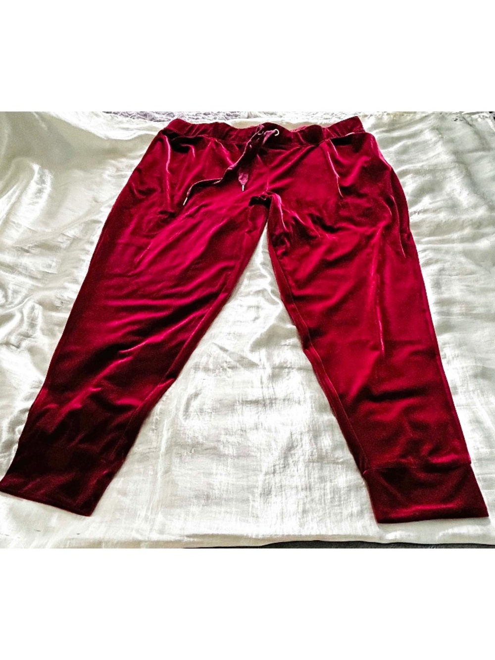 JOGGER PANT, VELVET, RED, SIZE 4X, WAIST DRAWSTRING, HIP SLASH POCKETS, LEG CUFF